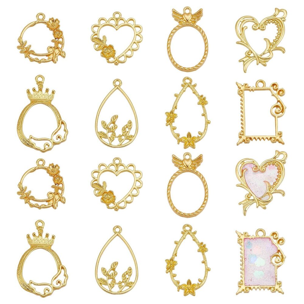 7100 32Pcs Alloy Open Back Bezel Pendants Golden Open Bezel Charms Hollow